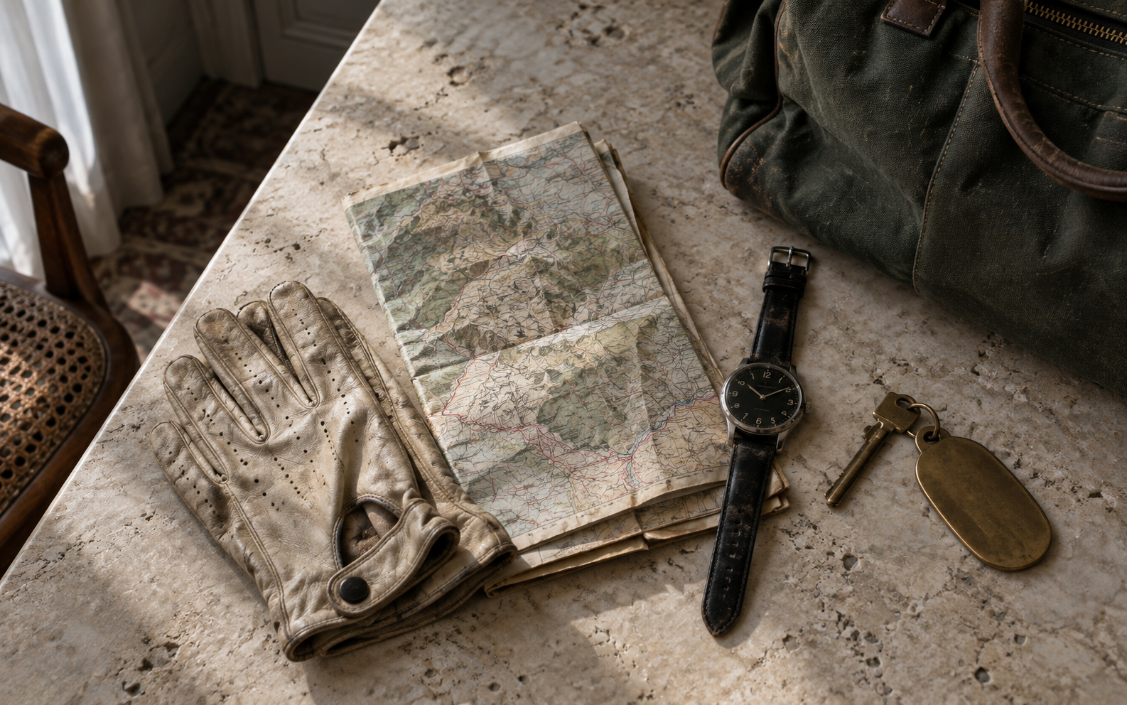 Driving gloves, a road map, a watch and a hotel key arranged for the road