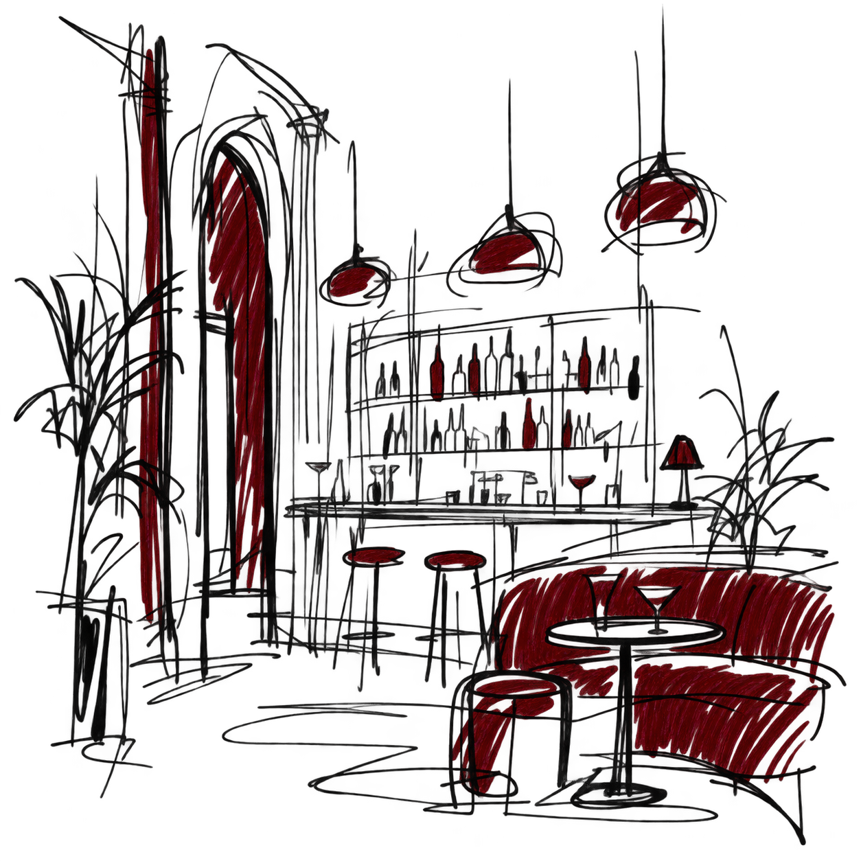 An ink-and-red sketch of a quiet Madrid bar after dark