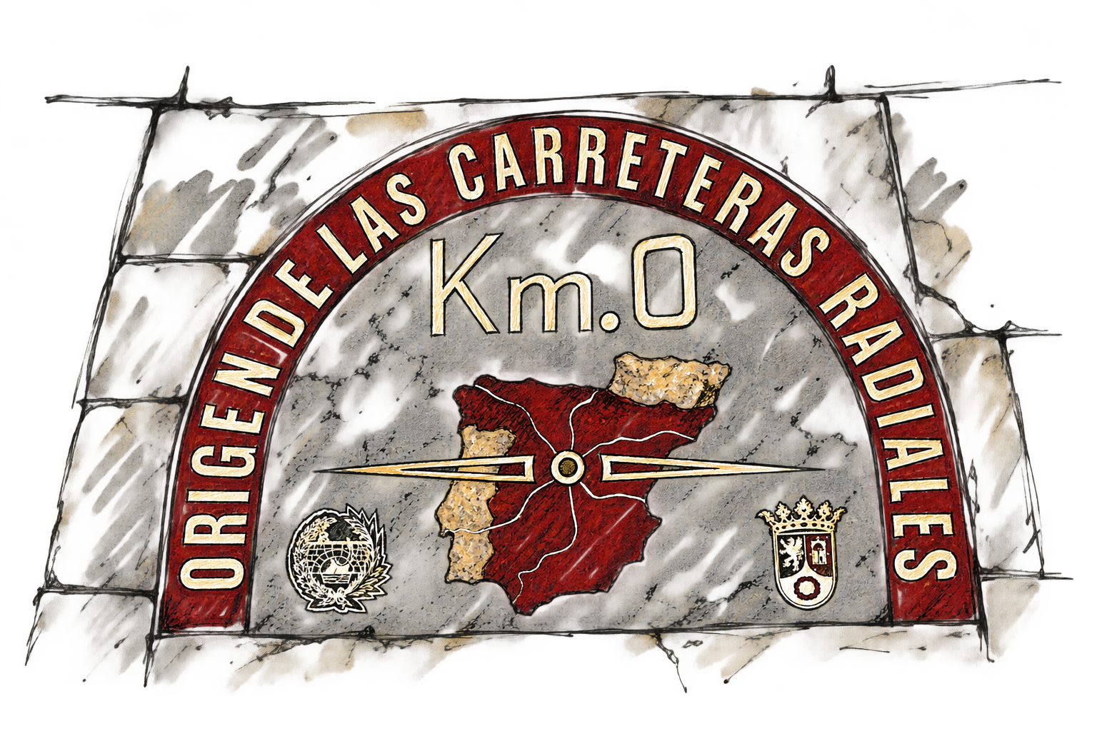 An ink-and-red sketch of Madrid’s Kilómetro Cero pavement marker