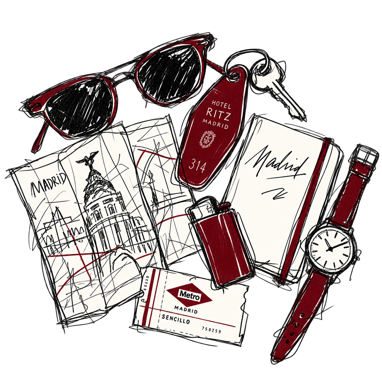 An ink-and-red sketch of driving gloves, a watch and an old car key
