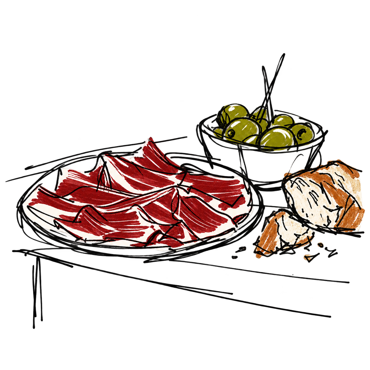 Ink sketch of jamón and a glass at a Madrid table